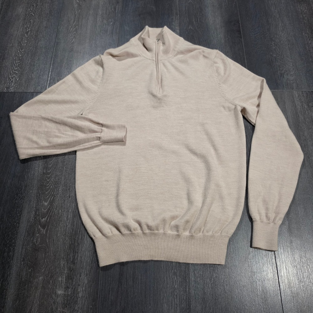 Suitsupply Mens Beige 100% Merino Wool Quarter Zip Sweater M Oatmeal Knit Preppy